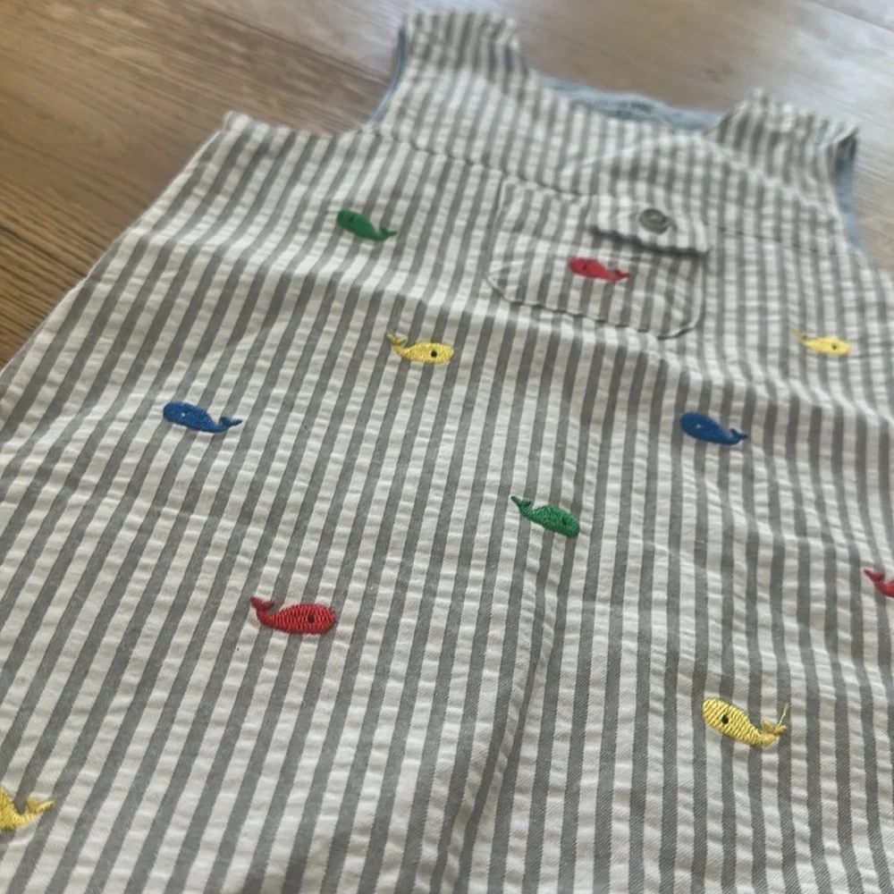 Little Me Blue and White Striped Baby Romper embroidered fishes 9m
